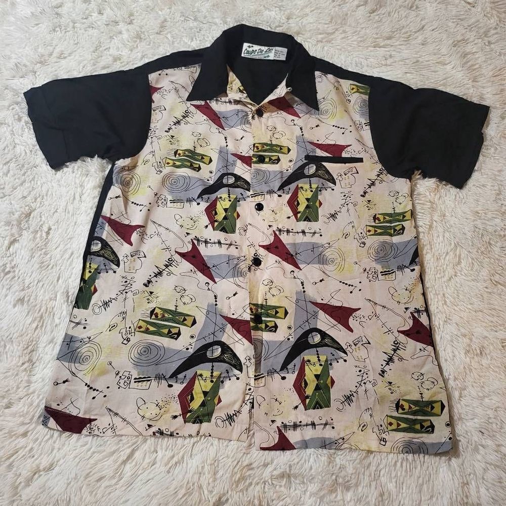 Men's short sleeve button-up black shirt two-tone print shirt M